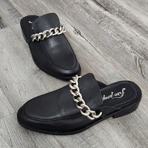 Free People‎ Vida Black Leather Silver Chain Mules - Picture 4 of 11